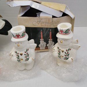 Christmas Winter Holiday Ceramic Porcelain Candle Holders Snowman Floral Design